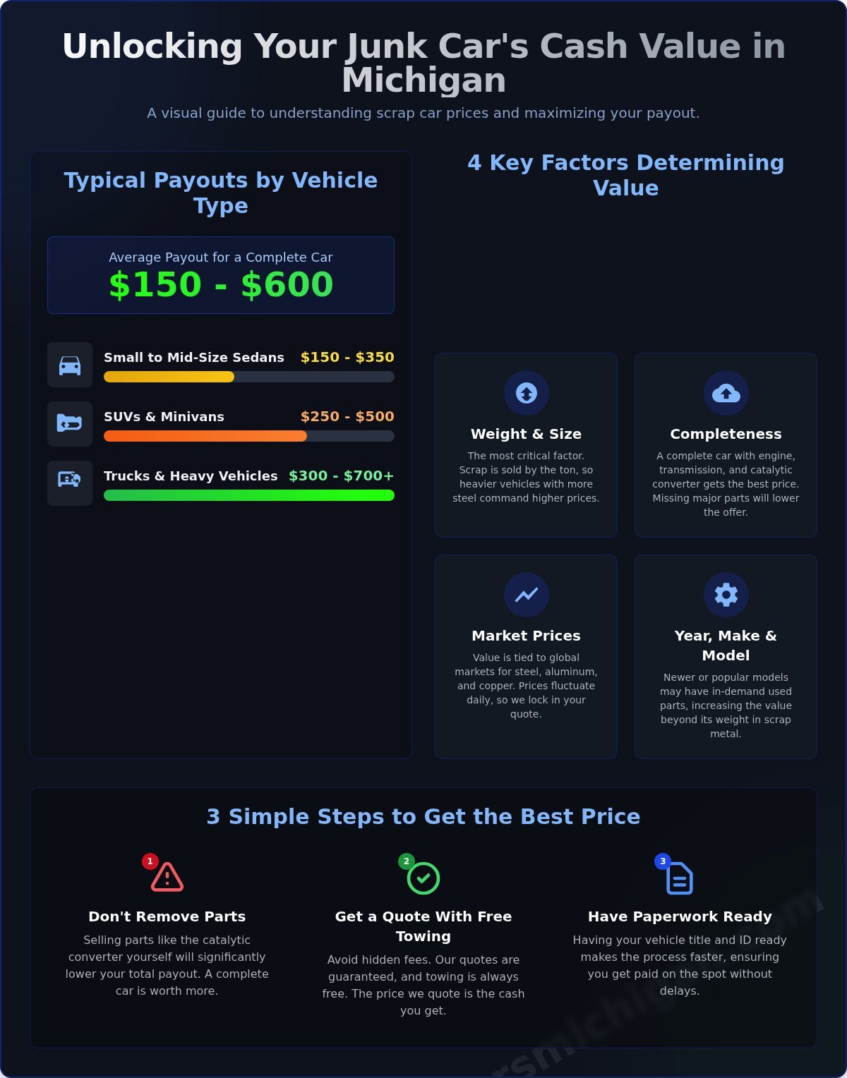 Scrap Car Prices: How Much Is Your Junk Car Worth in Michigan? - Infographic