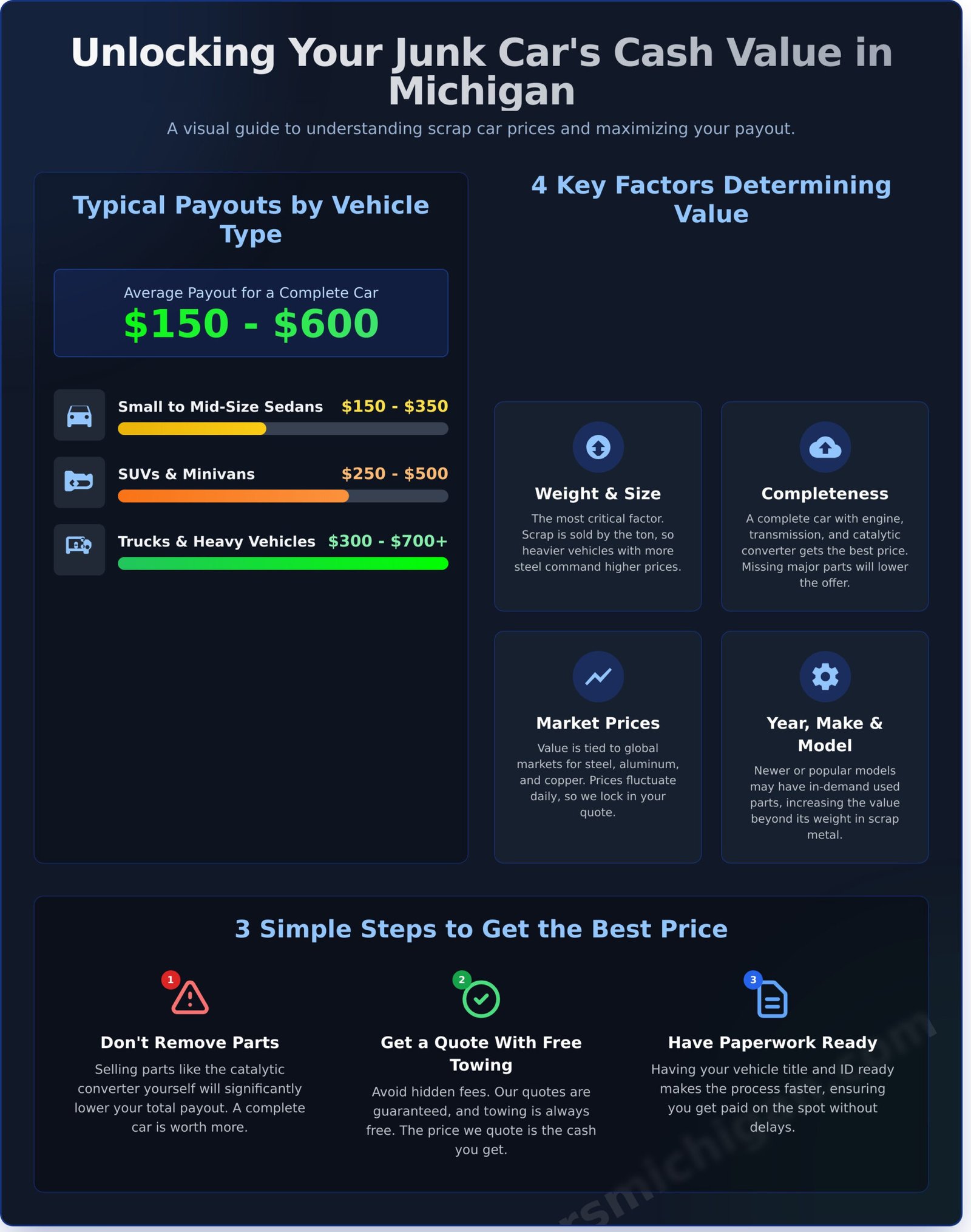 Scrap Car Prices: How Much Is Your Junk Car Worth in Michigan? - Infographic