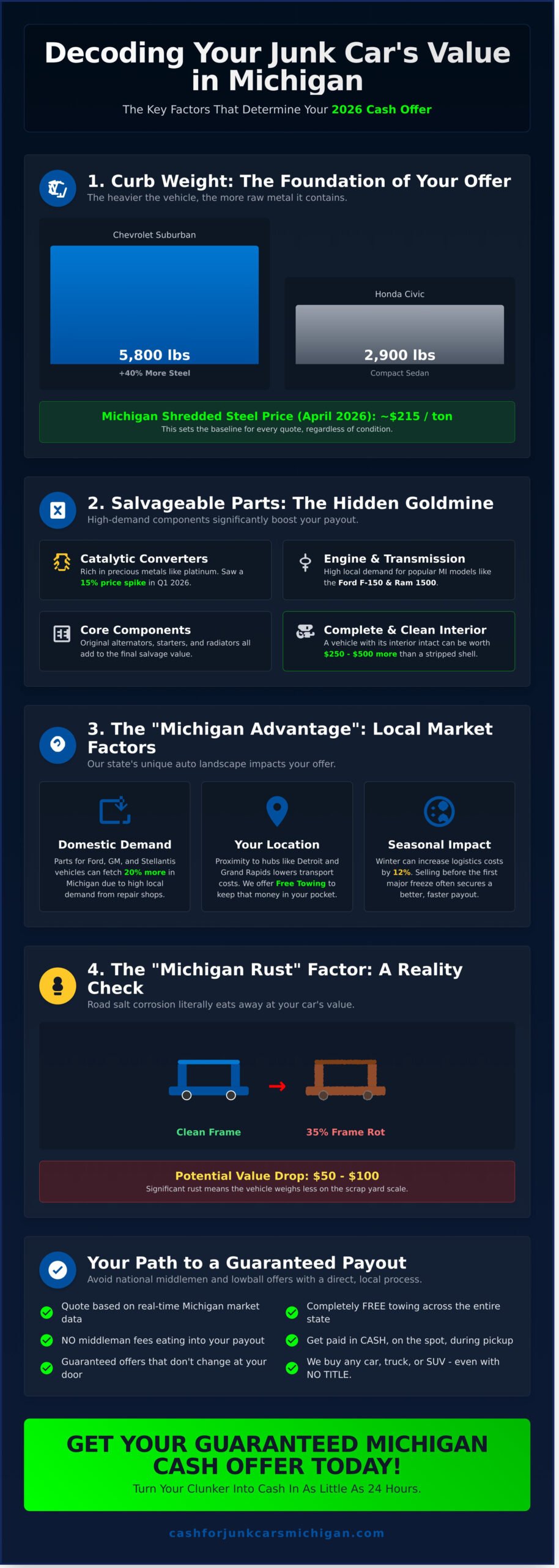 Junk Car Value Calculator 2026: What Is Your Michigan Clunker Worth? - Infographic