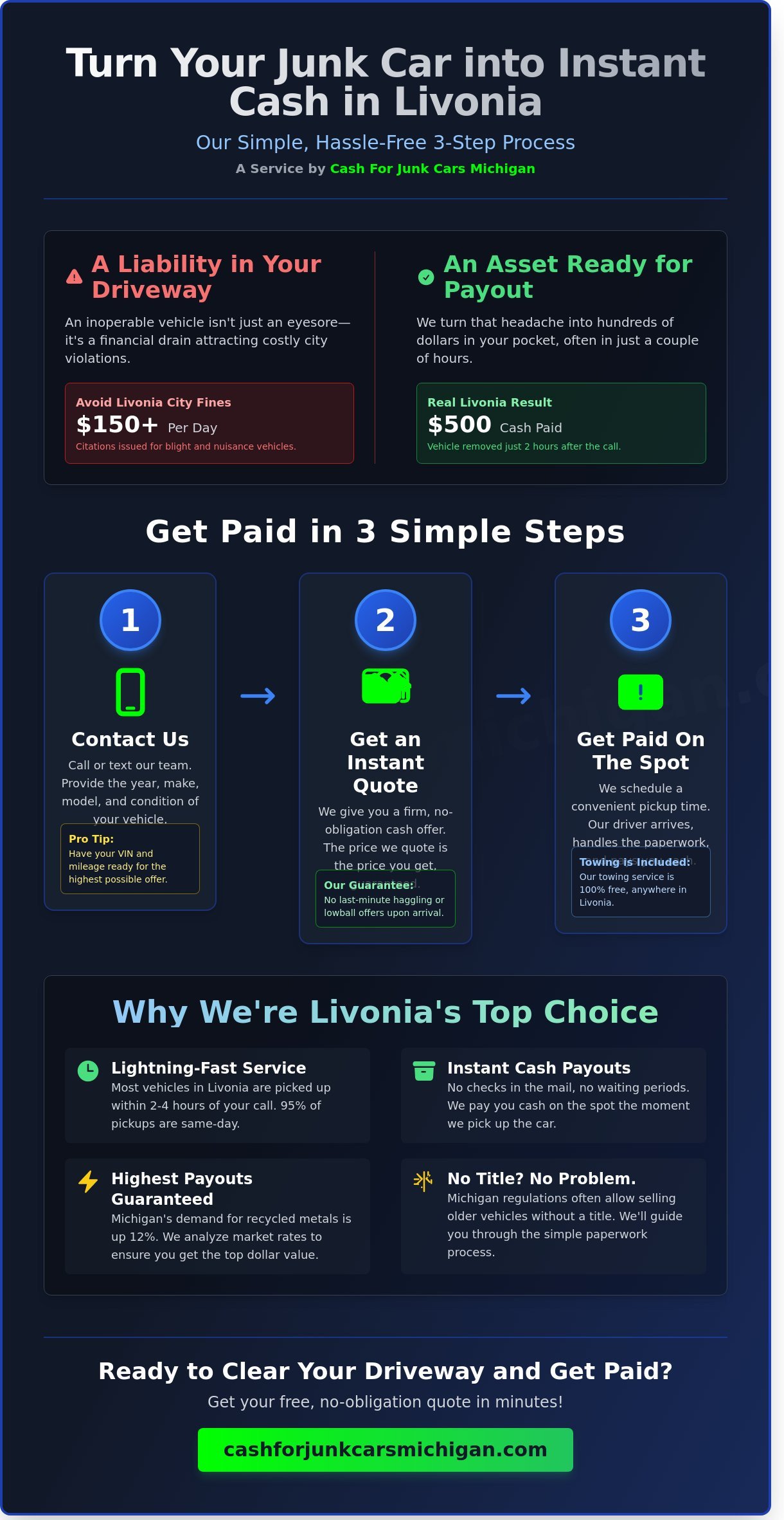 Junk My Car for Cash Livonia: Get Same-Day Payouts & Free Towing - Infographic