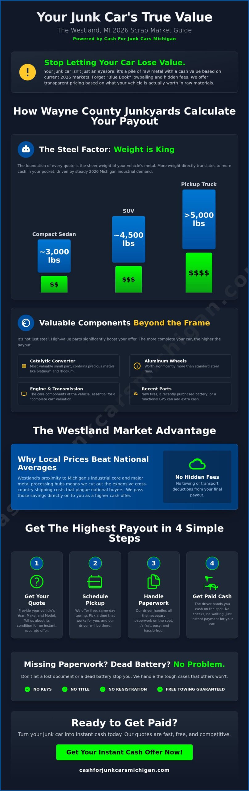 Scrap Car Prices in Westland, MI: Get the Most Cash in 2026 - Infographic
