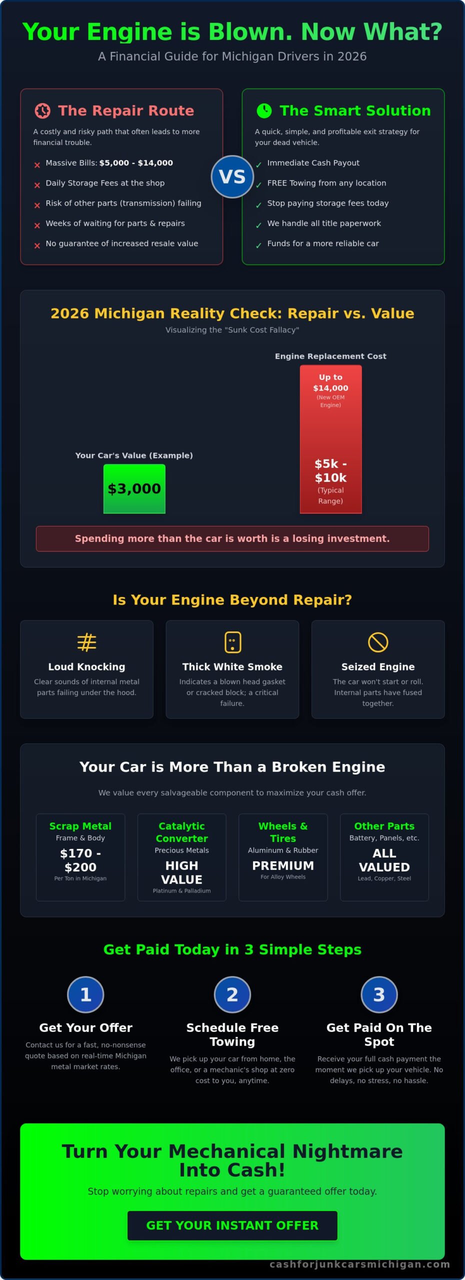 Cash for Cars with Blown Engine: Get Paid Today in Michigan (2026) - Infographic