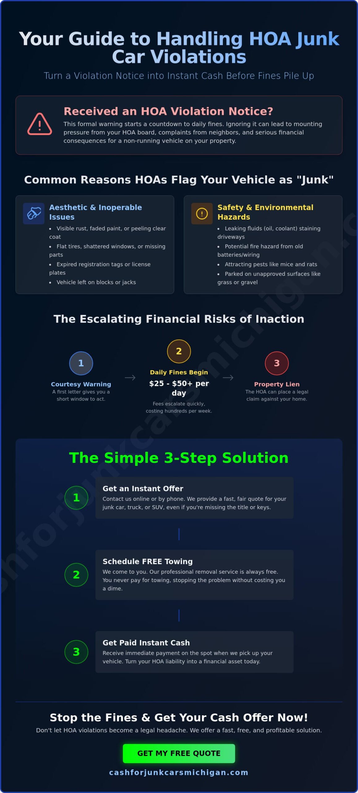 HOA Violation for Junk Car on Property: How to Avoid Fines and Get Fast Removal - Infographic