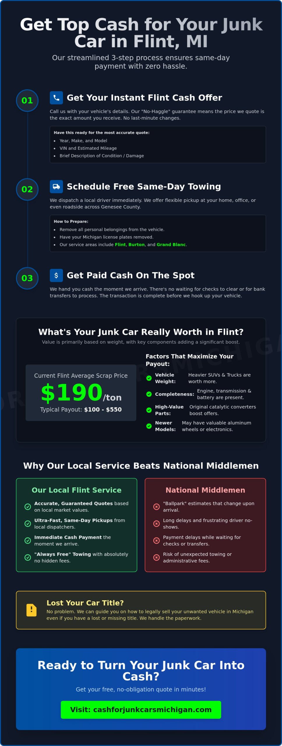 Cash for Junk Cars Flint MI: Get Paid Today with Same-Day Pickup - Infographic