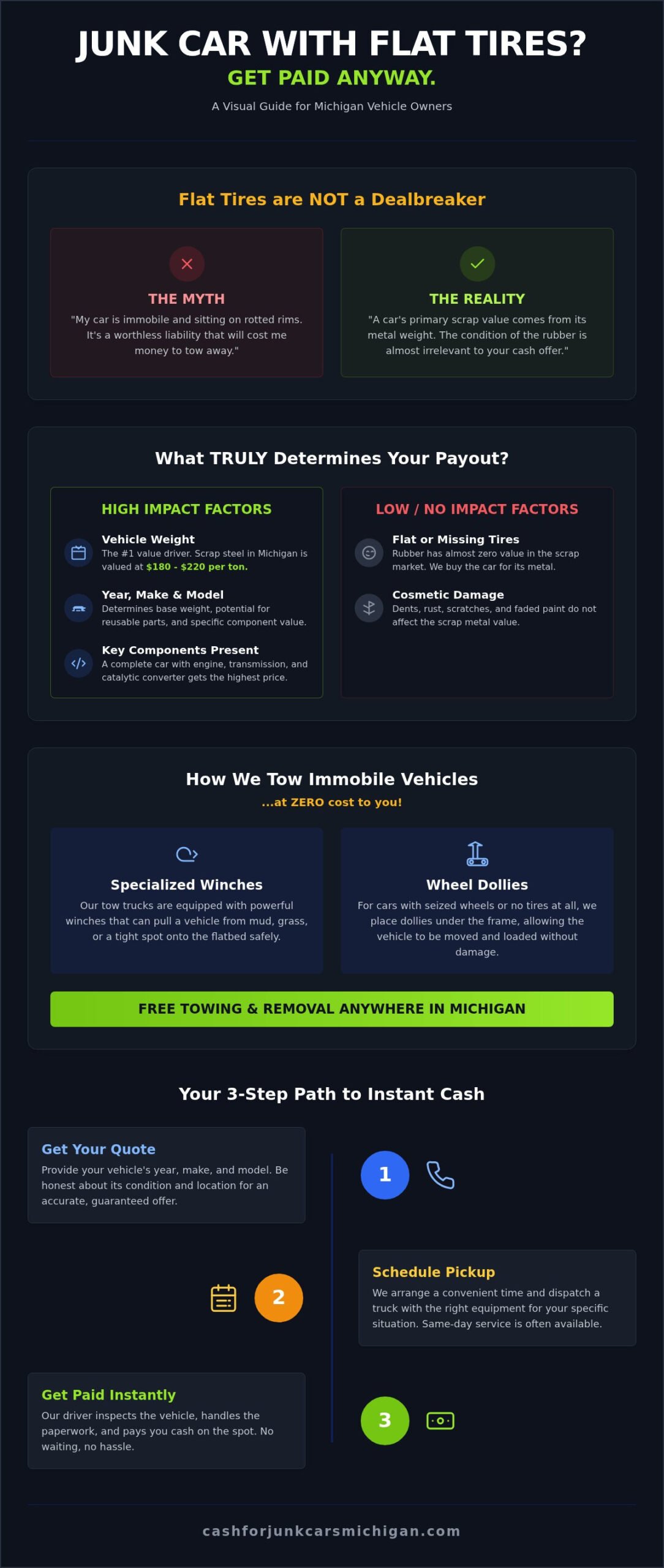 Cash for Junk Cars with Flat Tires: Get Paid Today in Michigan - Infographic